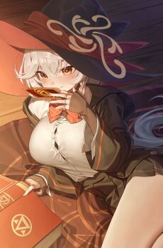 1girl absurdres black_hat black_jacket black_skirt blue_archive blush book bow bowtie braid breasts button_gap card closed_mouth collared_shirt commentary crossed_bangs diagonal-striped_bow diagonal-striped_bowtie diagonal-striped_clothes english_commentary eri_(blue_archive) gold_trim hair_between_eyes halo hand_up hat highres holding holding_card jacket jewelry kishita_yuu large_breasts light_smile long_hair long_sleeves looking_ahead low-tied_long_hair lying mat multicolored_hair multiple_rings on_floor on_side open_book open_clothes open_jacket orange_eyes pleated_skirt red_bow red_streaks red_trim ring shirt shirt_tucked_in side_halo single_braid skirt solo streaked_hair striped_bow striped_bowtie striped_clothes thighs two-sided_fabric two-sided_headwear very_long_hair white_hair white_shirt witch_hat wooden_floor yellow_halo