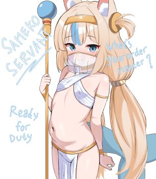 1girl absurdres animal_ears belly blonde_hair blue_eyes blush cat_ears female_focus fins fish_tail flat_chest hairband harem_outfit highres holding holding_staff indie_virtual_youtuber legs loli long_hair long_twintails looking_at_viewer navel plump sameko_saba skirt solo staff standing stomach tail thighs twintails virtual_youtuber white_background zhyseven