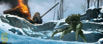 2023 bare_tree battle burning cannon commentary dated dofresh english_commentary fire highres machine machinery mecha military_vehicle motor_vehicle original realistic robot science_fiction signature smoke snow tank tree turret walker_(robot) war wreckage