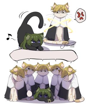 :3 absurdres anger_vein animal animal_ear_fluff animalization black_cat blonde_hair cat commentary glasses green_hair highres j_humbo land_(sousou_no_frieren) long_hair meme no_humans piper_perri_surrounded_(meme) purple_eyes scene_reference short_hair simple_background sorganeil sousou_no_frieren speech_bubble spoken_anger_vein symbol-only_commentary trembling ubel_(sousou_no_frieren)
