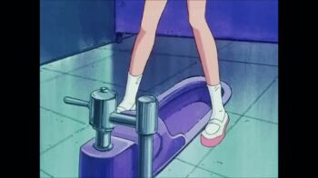 animated animated_gif blue_eyes child elementary_school_age hell_teacher_nube inaba_kyouko jacket jigoku_sensei_nube loli long_twintails nervous official_art orange_hair public_restroom shirt shoes shorts shounen_jump sneakers socks toei_company twintails urinal