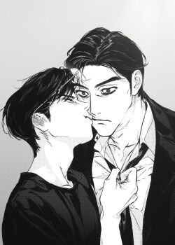 2boys absurdres age_difference closed_eyes clothes_grab eyewear_on_head glasses grey_background greyscale highres jacket karaoke_iko! kiss lunax male_focus monochrome multiple_boys narita_kyouji necktie oka_satomi shirt short_hair suit_jacket yaoi