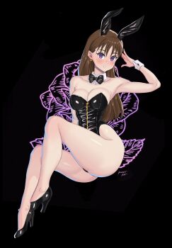 1girl ass bare_shoulders blush bow bowtie breasts brown_hair cleavage dark_background diane_(nanatsu_no_taizai) emmettart highleg highleg_leotard highres large_breasts leotard long_hair nanatsu_no_taizai playboy_bunny purple_eyes rabbit_ears sleeveless