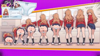 1girl absurdres after_anal aisaka_taiga anger_vein anus ass black_socks blue_panties blue_skirt blush bow bow_panties brown_eyes brown_hair character_name cleft_of_venus commentary cum cum_in_ass cumdrip english_commentary from_behind heart highres jacket kitchen kneehighs kneepits knees_together_feet_apart long_hair long_sleeves miniskirt multiple_views nayt_layt nose_blush oohashi_high_school_uniform open_mouth panties panty_pull pleated_skirt pussy red_jacket reflection school_uniform shoes skirt socks standing toradora! uncensored underwear wavy_hair white_shoes wooden_floor