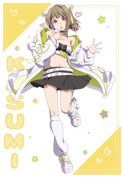 1girl animal_ear_headphones animal_ears armpit_crease bandeau bare_shoulders black_bandeau black_skirt breasts brown_hair character_name cleavage coat commentary fake_animal_ears full_body headphones heart highres leg_up leg_warmers long_sleeves looking_at_viewer love_live! love_live!_nijigasaki_high_school_idol_club luozomi miniskirt nakasu_kasumi navel off_shoulder open_clothes open_coat pink_eyes pleated_skirt shoes short_hair skirt small_breasts solo star_(symbol) stomach white_coat white_leg_warmers white_shoes