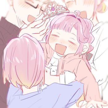 1boy 3girls :d =_= aged_down anyoji_hime anyoji_hime&#039;s_sister black-framed_eyewear black_sweater blonde_hair blue_shirt blush commentary_request facing_viewer family glasses gradient_hair hair_bun happy highres holding holding_tiara hood hooded_jacket jacket link!_like!_love_live! long_sleeves love_live! multi-tied_hair multicolored_hair multiple_girls open_clothes open_jacket open_mouth pink_hair pink_jacket ponytail semi-rimless_eyewear shirt simple_background single_hair_bun smile sweater turtleneck turtleneck_sweater under-rim_eyewear virtual_youtuber white_background white_shirt zuisetsu