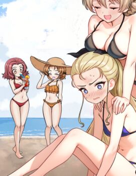 4girls @_@ aadka5 assam_(girls_und_panzer) barefoot beach bikini black_bikini blonde_hair blue_bikini blue_eyes blue_sky blush braid breast_rest breasts breasts_on_head cleavage closed_eyes cloud collarbone darjeeling_(girls_und_panzer) day drinking_straw embarrassed full_body girls_und_panzer glass hands_on_another&#039;s_shoulders hat holding large_breasts long_hair lowres multiple_girls navel ocean open_mouth orange_pekoe_(girls_und_panzer) outdoors red_bikini rosehip_(girls_und_panzer) sitting sky small_breasts smile standing sweat swimsuit thighs yuri