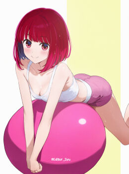 1girl absurdres arima_kana ball bare_shoulders blunt_bangs bob_cut breasts cleavage closed_mouth collarbone commentary crop_top edgar_syu exercise_ball exercising eyelashes feet_out_of_frame flat_color highres inverted_bob kneeling leaning_forward looking_at_viewer midriff oshi_no_ko own_hands_together pink_shorts red_eyes red_hair short_hair short_shorts shorts small_breasts smile solo sweat tank_top thighs v_arms white_background white_tank_top yellow_background