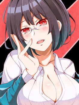 1girl black_background black_hair bob_cut breasts buttons cleavage durarara!! glasses highres large_breasts looking_at_viewer moppii open_mouth red_background red_eyes shirt short_hair solo sonohara_anri striped_background white_shirt