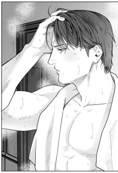 Rule 34 | 1boy, after bathing, alternate hairstyle, bathroom, blush, commentary request, hair down, hand in own hair, highres, male focus, mine yoshitaka, monochrome, nude, profile, ryuu ga gotoku (series), ryuu ga gotoku 3, solo, topless male, towel, towel around neck, tyag53, wet, wet hair