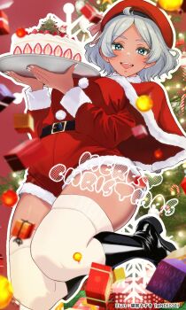 1girl absurdres artist_name belt beret blush boots cake capelet christmas dark-skinned_female dark_skin food fur_trim gift green_eyes gundam gundam_suisei_no_majo happy hat highres holding holding_plate merry_christmas nekomiya_mizuki open_mouth plate red_hat santa_claus santa_costume secelia_dote solo strawberry_shortcake thick_thighs thighhighs thighs twitter_username white_fur white_hair white_nails white_thighhighs