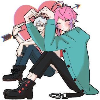 2boys ^_^ ahoge amemura_ramuda ankle_boots antenna_hair aohitsugi_samatoki aqua_jacket arrow_through_heart blush boots bracelet capri_pants chromatic_aberration closed_eyes collared_shirt denim elbows_on_knees finger_gun from_side gradient_hair hair_between_eyes hand_on_own_knee heart_arms heart_belt hood hooded_jacket hypnosis_mic jacket jeans jewelry light_frown long_sleeves looking_at_viewer male_focus multicolored_hair multiple_boys multiple_bracelets on_ground one_eye_closed pants pearl_bracelet pink_hair piyo_pyococh1 puckered_lips purple_hair red_eyes shirt short_hair sidelocks simple_background sitting white_background white_hair yaoi