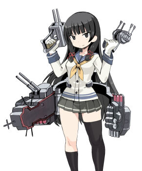 1girl anti-aircraft anti-aircraft_gun asymmetrical_legwear black_eyes black_hair black_socks blue_sailor_collar closed_mouth cowboy_shot gloves grey_skirt isokaze_(kancolle) kantai_collection kneehighs long_hair looking_at_viewer miniskirt nabeyu neckerchief pleated_skirt sailor_collar school_uniform serafuku ship_turret simple_background skirt socks solo torpedo white_background white_gloves white_serafuku yellow_neckerchief
