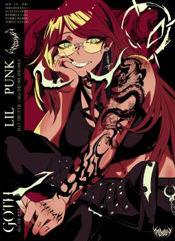 1girl absurdres arm_tattoo bare_arms black_boots black_pants black_sports_bra boots breasts clenched_teeth commentary constricted_pupils dragon_tattoo elly_(vtuber) english_commentary figure_four_sitting glasses green_eyes head_rest highres indie_virtual_youtuber large_breasts long_hair looking_at_viewer pants parted_bangs red_hair sitting solo sports_bra st41nn tattoo teeth virtual_youtuber