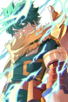 1boy bodysuit boku_no_hero_academia cape commentary_request freckles from_below green_bodysuit green_eyes green_hair highres looking_at_viewer male_focus midoriya_izuku short_hair simple_background solo superhero_costume teut_hr white_background yellow_cape