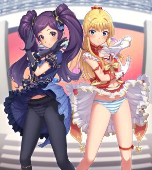 2girls :o arm_bow black_gloves black_pantyhose black_ribbon blonde_hair blue_eyes blue_shirt blue_sky blurry blurry_background blush bow bow_panties clothes_lift commentary_request crotch_seam elbow_gloves emily_stewart feet_out_of_frame glove_bow gloves hair_ribbon hands_up highres idolmaster idolmaster_million_live! kamuchin_soda long_hair looking_at_viewer mogami_shizuka multiple_girls navel panties panties_under_pantyhose pantyhose pantyshot parted_lips pleated_skirt ponytail purple_eyes purple_hair red_bow red_ribbon red_shirt ribbon shirt short_sleeves skirt skirt_lift sky sleeveless sleeveless_shirt striped_clothes striped_panties twintails underwear white_gloves white_skirt wind wind_lift