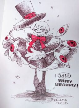 011_8_110 1girl 2019 birthday blush closed_eyes confetti cyborg dated dress frilled_dress frills full_body gloves hat hat_tip medium_hair peacock_(skullgirls) pen_(medium) skullgirls smile solo standing top_hat traditional_media