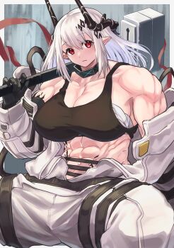 Rule 34 | 1girl, abs, absurdres, arknights, black sports bra, breasts, collar, commentary request, commission, demon horns, hammer, highres, holding, holding hammer, horns, huge breasts, infection monitor (arknights), jumpsuit, kamomasaki, looking at viewer, material growth, medium hair, mudrock (arknights), muscular, muscular female, open jumpsuit, over shoulder, pixiv commission, pointy ears, red eyes, sledgehammer, solo, sports bra, weapon, weapon over shoulder, white hair, white jumpsuit