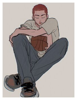 1boy black_eyes black_pants blood chinese_commentary closed_eyes closed_mouth commentary_request highres male_focus nosebleed pants red_hair sakuragi_hanamichi severed_hair shirt shoes short_hair simi sitting slam_dunk_(series) solo