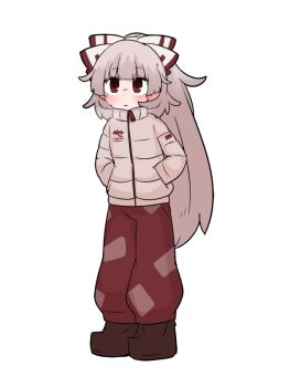Rule 34 | 1girl, blackbad, blunt bangs, bow, breath, commentary request, down jacket, fujiwara no mokou, full body, grey hair, hair bow, hands in pockets, high collar, jacket, long hair, long sleeves, looking up, pants, ponytail, red eyes, solo, touhou, very long hair