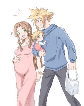 1boy 2girls aerith_gainsborough bag bangle bervens12 blue_eyes blue_sweater bracelet breasts brown_hair cloud_strife couple cowboy_shot dress earrings family father_and_daughter final_fantasy final_fantasy_vii green_eyes grey_pants hand_on_own_stomach hetero highres holding holding_bag if_they_mated jewelry long_dress long_hair looking_at_another medium_breasts multiple_girls open_mouth pants parted_bangs pink_dress plastic_bag pregnant shirt shirt_under_dress short_hair sidelocks single_earring smile spiked_hair sweater walking white_background white_shirt