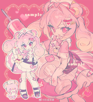 animal_ears apron blush cross dress frills hat highres large_syringe long_hair nailiu_mashu nurse_cap original oversized_object red_cross syringe twintails