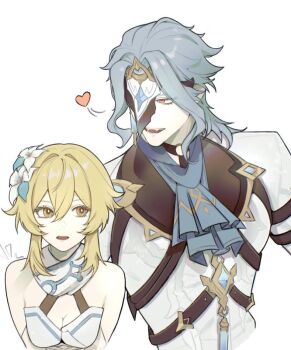 1boy 1girl blonde_hair blue_hair breasts cleavage dottore_(genshin_impact) genshin_impact height_difference lumine_(genshin_impact) mask medium_breasts red_eyes short_hair simple_background suffiest yellow_eyes