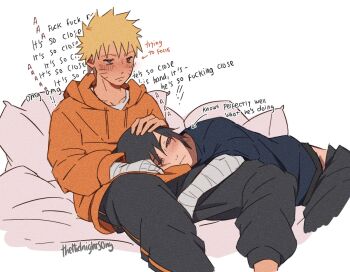 Rule 34 | 2boys, bandaged arm, bandages, black hair, black pants, blonde hair, blue shirt, blush, closed mouth, commentary, english commentary, english text, highres, lap pillow, male focus, midriff peek, multiple boys, naruto (series), pants, shirt, short hair, shy, simple background, sitting, spiked hair, themidnights0ng, uchiha sasuke, uzumaki naruto, white background, yaoi