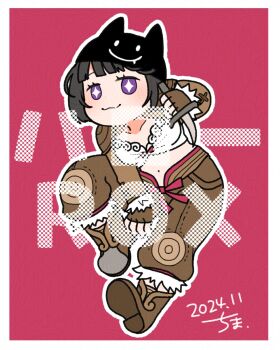 1girl :3 border bra brown_gloves brown_jacket brown_pants chima_(iccachima) closed_mouth commentary_request dated deviruchi_hat full_body gloves grey_hair hat highres jacket long_sleeves looking_at_viewer navel pants purple_eyes ragnarok_online ragnarok_x:_next_generation red_background short_hair smile solo thief_(ragnarok_online) underwear white_border white_bra