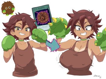 1girl animal_hands breast_expansion breasts brown_fur brown_hair choker covered_erect_nipples creature_and_personification flat_chest fruithead gloves green_choker highres humanization kuriboh large_breasts megamorph non-web_source paw_gloves personification simple_background smile solo tagme tan tank_top tanline yellow_eyes yu-gi-oh!