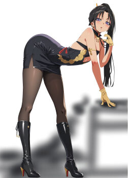 1boy absurdres arched_back arm_support armlet ass bent_over black_dress black_hair black_pantyhose blush boots clothing_cutout commentary_request crossdressing crossdressing_(mtf) crystal_earrings detached_collar dress earrings eyeshadow full_body gloves gold_armlet gold_earrings gold_necklace gt_(inesperados2013) half-heart_hands high_heel_boots high_heels high_ponytail highres houjou_tokiyuki_(nige_jouzu_no_wakagimi) jewelry long_hair looking_at_viewer makeup male_focus necklace nige_jouzu_no_wakagimi open_mouth pantyhose parted_bangs pencil_dress ponytail purple_eyes purple_eyeshadow short_dress side_slit simple_background sleeveless solo strapless strapless_dress thighs trap very_long_hair white_background yellow_gloves