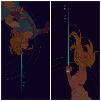 1boy 1girl absurdres arm_wrap bare_shoulders belt black_background black_gloves blonde_hair blue_eyes blue_tunic border bracer breasts champion's_tunic_(zelda) character_name dress earrings fingerless_gloves floating_hair from_side gloves glowing green_eyes hands_up highres holding holding_sword holding_weapon jewelry layered_sleeves link long_sleeves looking_ahead looking_up low_ponytail medium_breasts necklace nintendo outstretched_arms own_hands_together pointy_ears ponytail praying princess_zelda profile short_over_long_sleeves short_sleeves sidelocks simple_background split_screen strapless strapless_dress sword the_legend_of_zelda the_legend_of_zelda:_breath_of_the_wild tunic upper_body upside-down weapon white_dress yusiansang