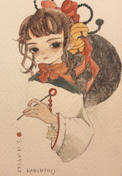 Rule 34 | 1girl, acrylic paint (medium), black eyes, blunt bangs, blush, bow, braid, brown eyes, brown hair, chinese clothes, closed mouth, curly hair, expressionless, hair bow, hair bun, hair ornament, hair ribbon, highres, holding, karintoun, long sleeves, looking at viewer, medium hair, original, painting (medium), portrait, red ribbon, red scarf, ribbon, scarf, sidelocks, signature, simple background, straight-on, traditional media, watercolor (medium)