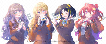 4girls :d ;) ;d black_bow black_hair blazer blonde_hair blue_bow blue_eyes blush bow braid brown_eyes brown_jacket brown_skirt closed_mouth collared_shirt copyright_request crescent crescent_hair_ornament dice_hair_ornament double_bun dress_shirt envelope forehead grey_hair hair_between_eyes hair_bun hair_ornament heart heterochromia highres holding holding_envelope ittokyu jacket letter long_hair long_sleeves love_letter multicolored_hair multiple_girls official_art one_eye_closed open_mouth parted_bangs pleated_skirt purple_eyes red_hair sample_watermark school_uniform shirt skirt smile star_(symbol) streaked_hair thick_eyebrows two_side_up very_long_hair virtual_youtuber watermark white_shirt