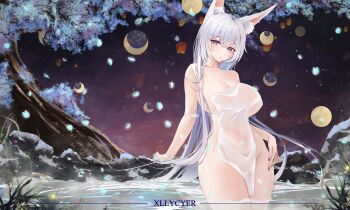 1girl absurdres animal_ear_fluff animal_ears artist_name azur_lane blue_petals breasts cleavage commentary_request cowboy_shot falling_petals fox_ears fox_girl highres huge_breasts long_hair looking_at_viewer moon_phases naked_towel night onsen petals purple_eyes shinano_(azur_lane) solo towel tree variant_set very_long_hair wading white_hair xllycyer