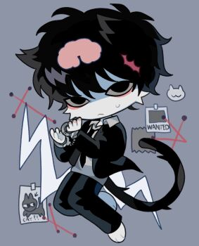 1boy black_eyes black_hair black_necktie black_suit body_fur bound bound_wrists brain cat_(dilnyan03) cat_boy cat_tail chibi commentary cuffs dilnyan03 english_commentary evidence_board formal_clothes furry furry_male grey_background grey_shirt handcuffs highres looking_at_viewer male_focus necktie original scar_on_head shirt short_hair solo suit tail wanted_poster white_fur