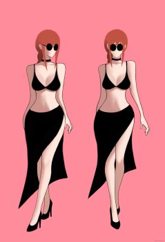 1girl absurdres bikini black_bikini black_choker black_sarong breasts chainsaw_man choker full_body high_heels highres large_breasts makima_(chainsaw_man) multiple_views navel pcharlesart pink_background red_hair round_eyewear sarong standing sunglasses swimsuit