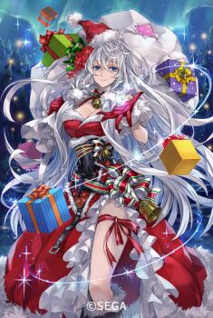 1girl bell black_corset blue_eyes box breasts chain_chronicle christmas christmas_present cleavage commentary_request copyright_notice corset dress gift gift_box gloves hagiya_kaoru hat holding holding_sack large_breasts long_hair mole mole_under_eye off-shoulder_dress off_shoulder red_dress red_gloves sack santa_costume santa_hat side_slit solo torn_sack white_hair