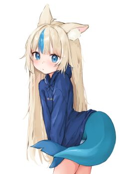 1girl ahoge alternate_costume animal_ear_fluff animal_ears arched_back bikini bikini_under_clothes blonde_hair blue_eyes blue_hoodie blue_streaks blush cat_ears closed_mouth commentary cowboy_shot dot_mouth dot_nose double-parted_bangs drawstring fins fish_girl fish_tail from_side g_da hair_intakes highres hood hood_down hoodie indie_virtual_youtuber long_hair long_sleeves looking_at_viewer looking_to_the_side loose_hair_strand multicolored_hair paper_boat pulling_own_clothes sameko_saba sidelocks simple_background solo standing streaked_hair striped_bikini striped_clothes swimsuit tachi-e tail tied_drawstring two-tone_hair untranslatable_commentary very_long_hair virtual_youtuber white_background white_streaks