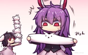 Rule 34 | 2girls, :3, animal ears, black hair, black jacket, blazer, closed mouth, commentary request, dress, floppy ears, gradient background, hair between eyes, half-closed eyes, inaba mob (touhou), inaba tewi, jacket, long hair, long sleeves, looking at viewer, multiple girls, one-hour drawing challenge, pink background, pink dress, pink skirt, pleated skirt, purple hair, rabbit, rabbit ears, rabbit tail, red eyes, reisen udongein inaba, short hair, short sleeves, skirt, standing, stretching, sweatdrop, tail, touhou, twitter username, unime seaflower, v-shaped eyebrows, x mouth