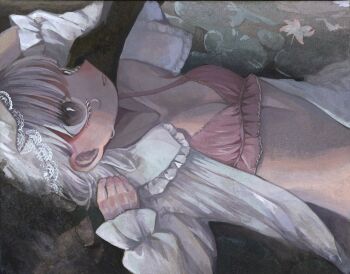 1girl 1other bra breasts commentary_request grey_eyes hand_on_another's_cheek hand_on_another's_face highres looking_up lying monou_pico on_back open_clothes open_shirt original pink_bra puritan_collar shirt small_breasts smile tears underwear upper_body white_hair white_shirt