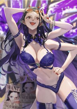 1girl absurdres arm_above_head armlet armpits black_hair blurry blurry_background bra bracelet breasts character_logo character_name cleavage collarbone contrapposto cowboy_shot demon_horns detached_collar ear_ornament extra_arms eyewear_on_head fangs female_focus from_below gluteal_fold hana_hana_no_mi hand_on_own_hip highleg highres horns jewelry jimoninn_(user_57120863) jolly_roger large_breasts lingerie lips long_hair looking_at_viewer midriff nail_polish navel nico_robin nose one_piece open_mouth orange-tinted_eyewear panties poster purple_bra purple_panties purple_theme purple_thighhighs skindentation small_horns smile solo standing thighhighs tinted_eyewear underwear v wanted_poster