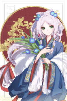 1girl alternate_costume alternate_hairstyle bad_source bow-shaped_hair chinese_clothes earrings flower frieren fur_trim green_eyes grey_hair hair_flower hair_ornament hair_rings hanfu highres holding holding_flower jewelry long_hair looking_at_viewer low-tied_long_hair low-tied_sidelocks pointy_ears ribbon sidelocks smile solo sousou_no_frieren teardrop_earrings very_long_hair watermark yiguqi zhijupao