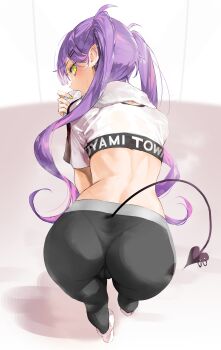 1girl absurdres ass barbell_piercing bent_over black_pants cameltoe character_name commentary_request crop_top demon_girl demon_tail ear_piercing earrings expressionless from_behind full_body green_eyes hair_ornament hairclip highres holding holding_towel hololive hololive_dance_practice_uniform jewelry kuroi_suna long_hair looking_back multicolored_hair official_alternate_costume pants pantylines piercing pink_hair purple_hair revision solo streaked_hair sweat tail tokoyami_towa towel towel_around_neck very_long_hair virtual_youtuber yoga_pants