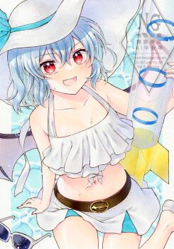 1girl adversarial_noise alternate_costume alternate_headwear alto2019 bikini bikini_skirt blush collarbone commentary_request fang hat highres holding looking_at_viewer navel open_mouth remilia_scarlet remilia_scarlet_(vampire_prepared_for_splashes_and_sunlight) skin_fang smile solo stomach sun_hat sunglasses sweat swimsuit touhou touhou_lostword unworn_eyewear water water_rocket watermark white_bikini white_hat