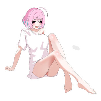 1girl ahoge aqua_hair arm_support barefoot blush bottomless breasts collarbone colored_inner_hair commentary fanged_bangs feet highres idolmaster idolmaster_cinderella_girls idolmaster_cinderella_girls_starlight_stage knees_up large_breasts legs medium_hair multicolored_hair naked_shirt off-shoulder_shirt off_shoulder open_mouth pink_eyes pink_hair pussy shirt short_sleeves simple_background single_bare_shoulder single_off_shoulder sitting smile solo thighs toes two-tone_hair udon_inuki uncensored white_background yumemi_riamu