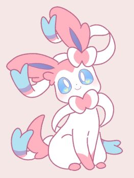 Rule 34 | animal focus, bow, bright pupils, closed mouth, commentary, full body, gen 6 pokemon, grey background, lily saku39, looking at viewer, nintendo, no humans, pink fur, pokemon, pokemon (creature), pokemon focus, ribbon, simple background, sitting, smile, solo, sylveon, symbol-only commentary, two-tone fur, white fur, white pupils