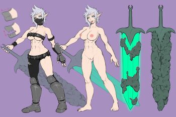 1girl abs armored_boots asymmetrical_clothes axl_crow belt belt_buckle black_belt black_pants blue_eyes boots breasts buckle chest_belt cleft_of_venus commentary completely_nude demonherd english_commentary grey_hair highres holding holding_sword holding_weapon huge_weapon large_breasts looking_at_viewer mask metal_mask multiple_views nipples nude open_mouth pants pointy_ears purple_background pussy reference_sheet seyhla_(demonherd) short_hair simple_background single_pantsleg sword toned toned_female tongue tongue_out torn_clothes torn_pants weapon