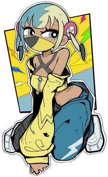 1girl blonde_hair blue_eyes blue_hair blue_pants breasts canari_(pokemon) cropped_jacket highres jacket large_breasts long_hair long_sleeves looking_to_the_side mask mouth_mask multicolored_hair navel nintendo pants pokemon pokemon_legends:_z-a rumford shoes sidelocks sleeves_past_wrists sneakers solo two-tone_hair white_background white_shoes yellow_jacket yellow_nails