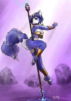 1girl :&lt; animal_ears animal_nose arm_tattoo arm_up armor artist_name bikini bikini_top_only blue_fur blue_hair blush body_fur breasts circlet cleavage dated electricity female_focus fox_ears fox_girl fox_tail from_side full_body furry furry_female gem gold green_eyes green_gemstone half-closed_eyes j-fujita krystal leg_tattoo leg_up legs light_blush light_rays loincloth looking_down mature_female medium_breasts navel nintendo outdoors parted_lips pole_dancing purple_background purple_gemstone red_gemstone sandals shin_guards short_hair shoulder_armor signature snout solo staff star_fox star_fox_adventures strapless strapless_bikini swimsuit tail tail_ornament tail_ring tattoo thighs two-tone_fur vambraces white_fur white_sandals yellow_bikini